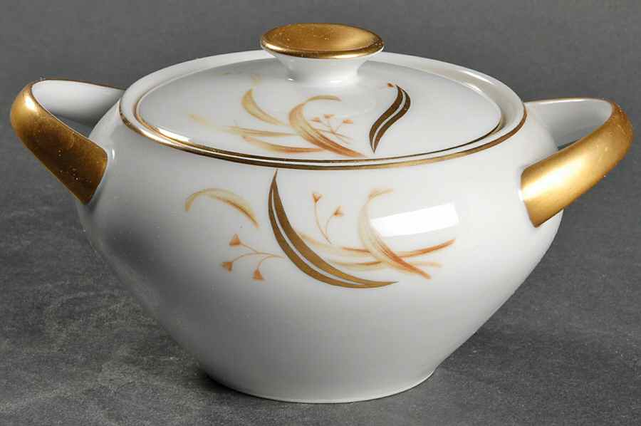 Keepsake (Gold Leaves on White) Sugar Bowl & Lid by Meito-1