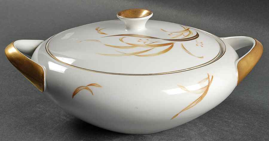 Keepsake (Gold Leaves on White) Round Covered Vegetable by Meito-1