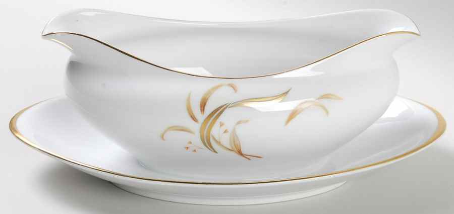 Keepsake (Gold Leaves on White) Gravy Boat with Attached Underplate by Meito-1
