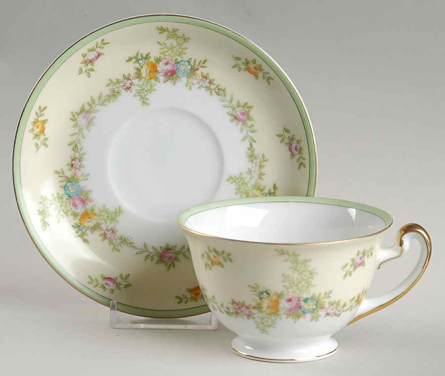 Malta (Green on Cream) Footed Cup & Saucer Set by Meito-1
