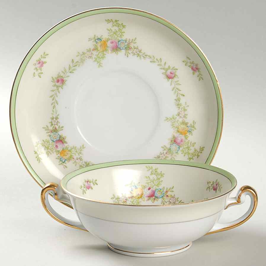 Malta (Green on Cream) Footed Cream Soup Bowl & Saucer Set by Meito-1