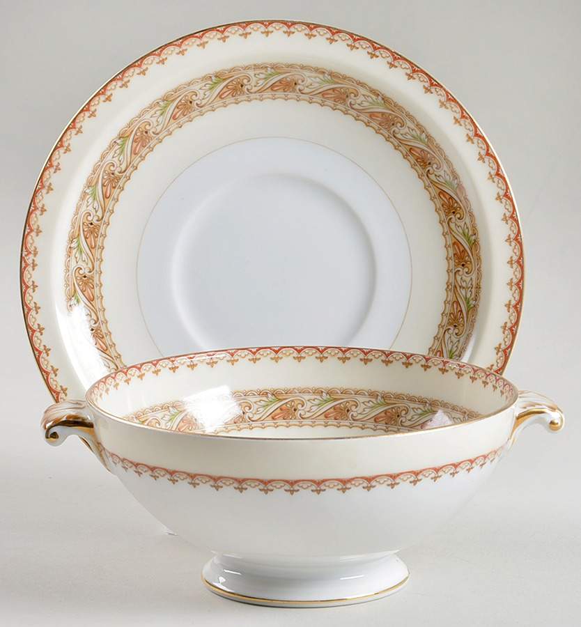 MEI93 (Gold Trim) Footed Cream Soup Bowl & Saucer Set by Meito-1