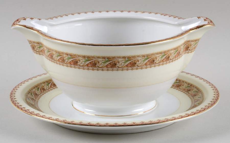 MEI93 (Gold Trim) Gravy Boat with Attached Underplate by Meito-1