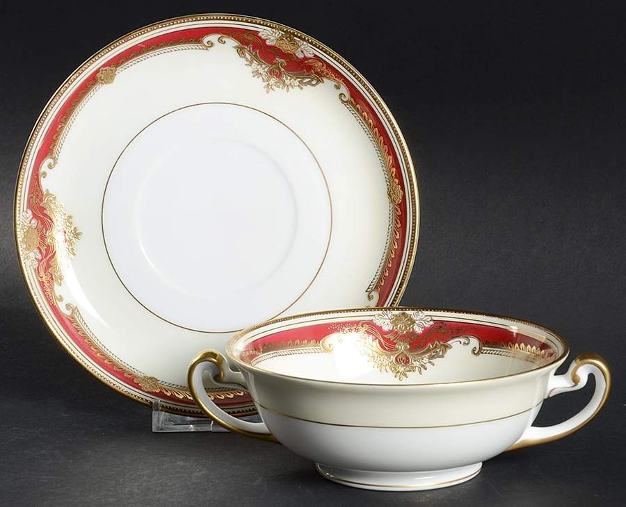 Muriel (Red Border) Footed Cream Soup Bowl & Saucer Set by Meito-1