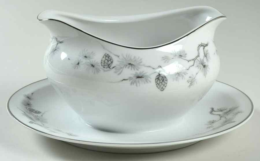 Silver Pine Round Gravy Boat/Attached Underplate by Meito-1