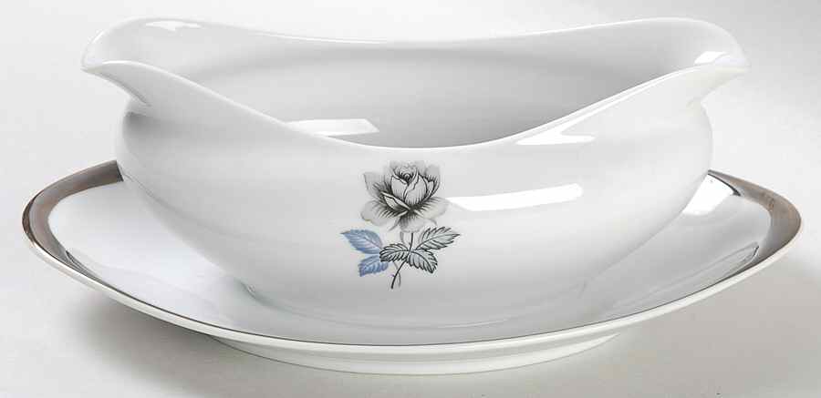 Twilight Rose (Thick Platinum Band) Gravy Boat with Attached Underplate by Meito-1