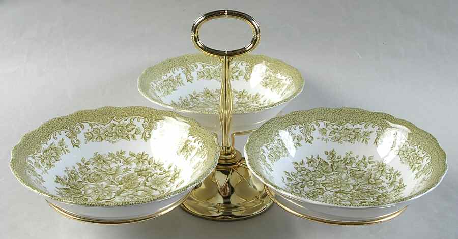 Avondale Green 7" x 12" 3-Part Relish & Metal Stand (CERC) HC by J & G Meakin-1