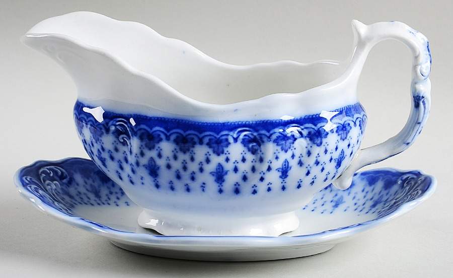 Fleur De Lis Blue Gravy Boat & Underplate/Relish by J & G Meakin-1