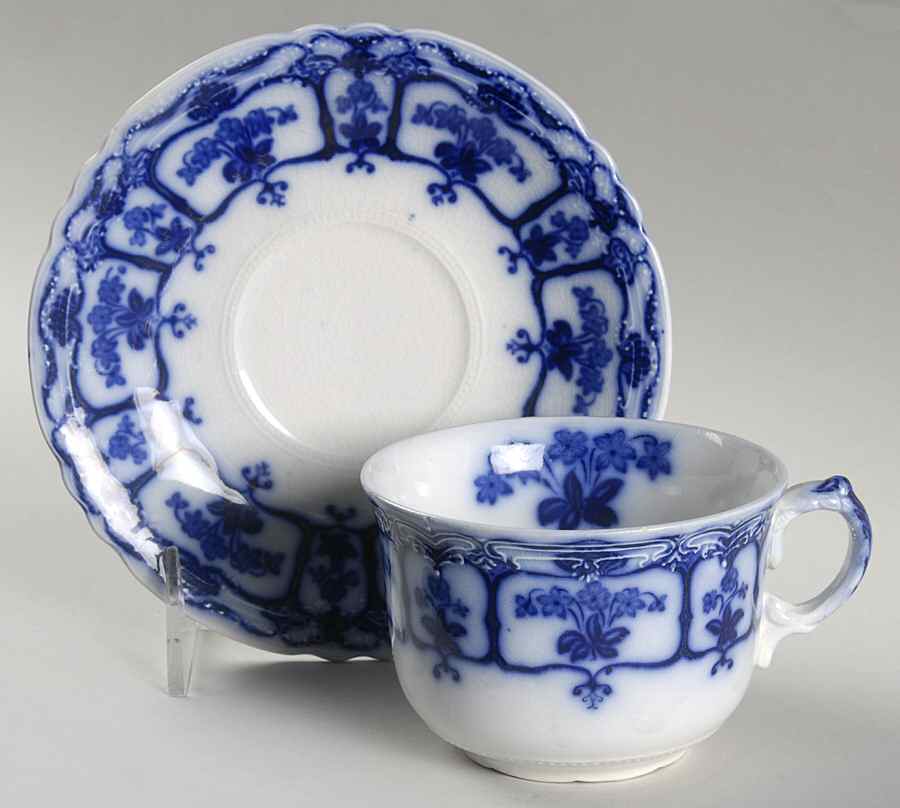 Geisha (Flow Blue) Flat Cup & Saucer Set by J & G Meakin-1