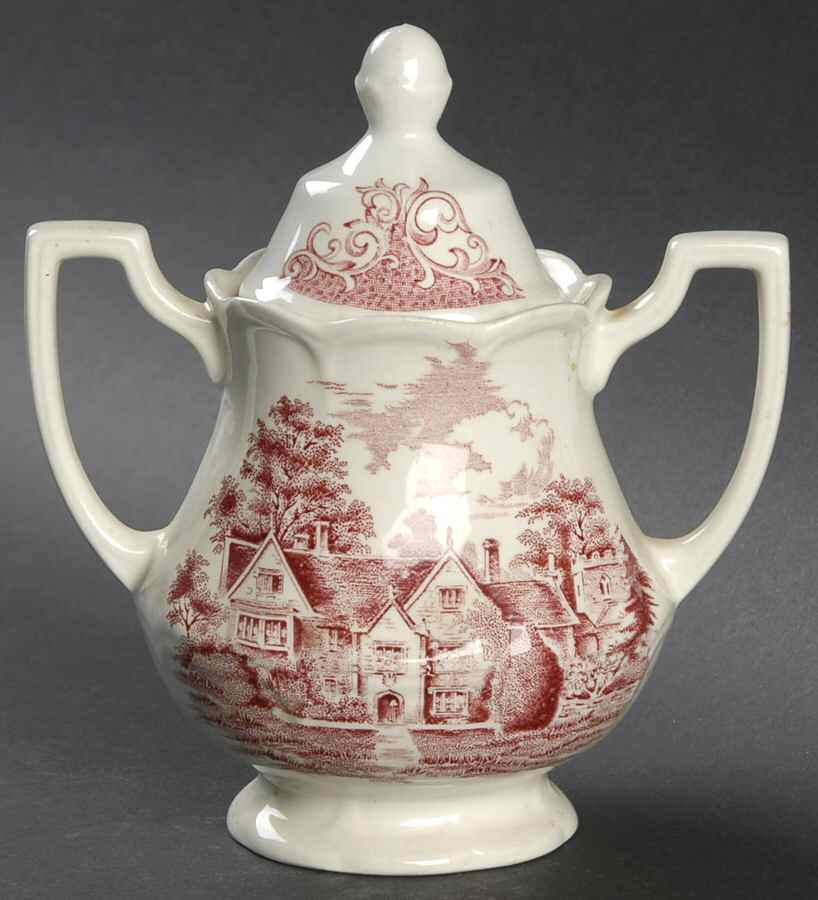 Merrie England Red and Pink Sugar Bowl & Lid by J & G Meakin-1