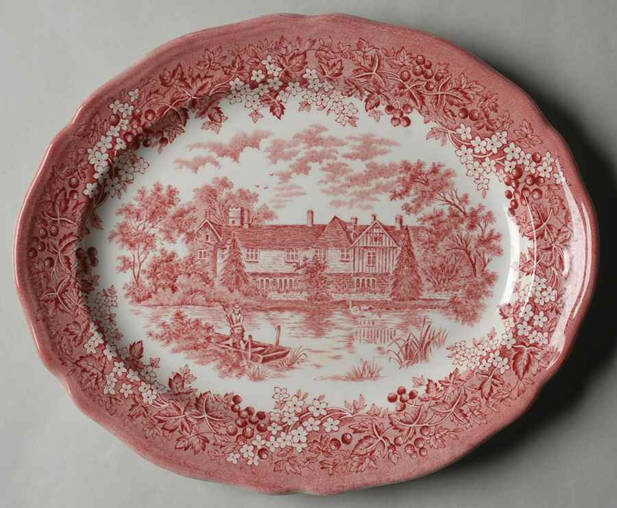 Merrie England Red and Pink 12" Oval Serving Platter by J & G Meakin-1