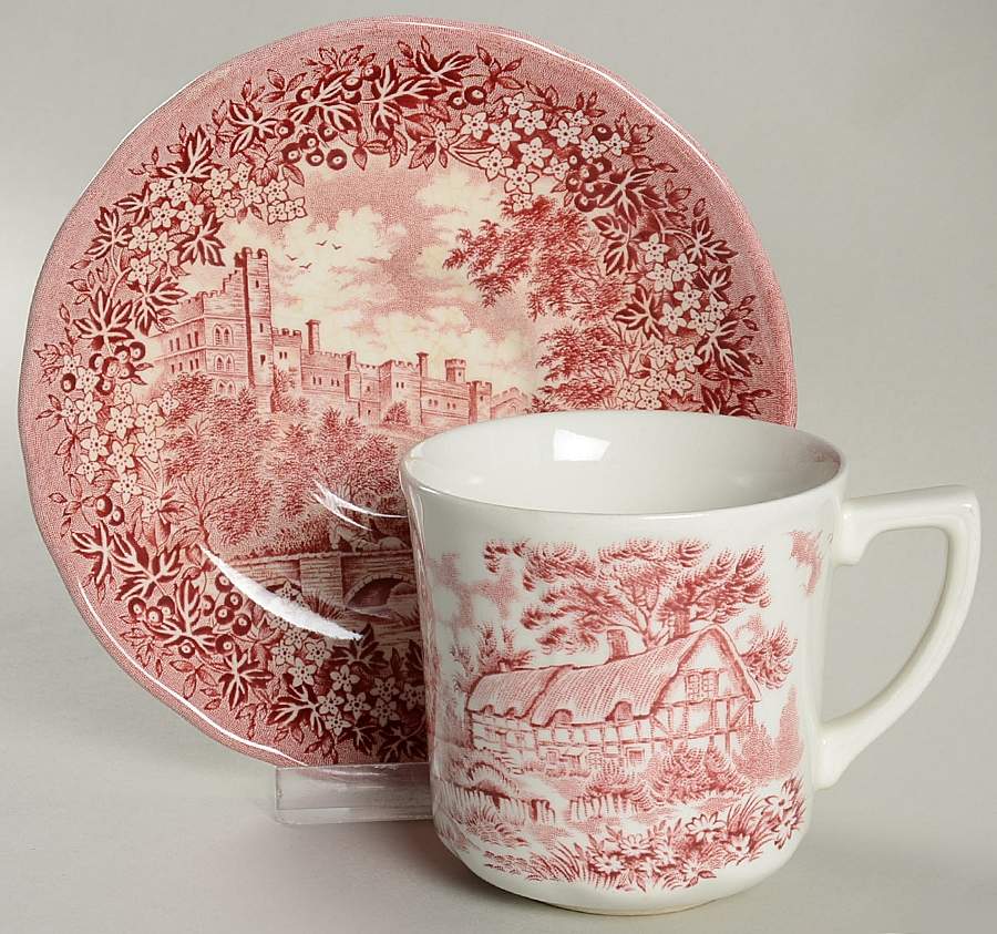 Merrie England Red and Pink Flat Cup & Saucer Set by J & G Meakin-1
