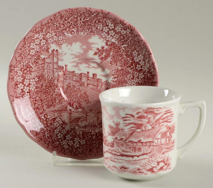 Merrie England Red and Pink Flat Demitasse Cup & Saucer Set by J & G Meakin-1