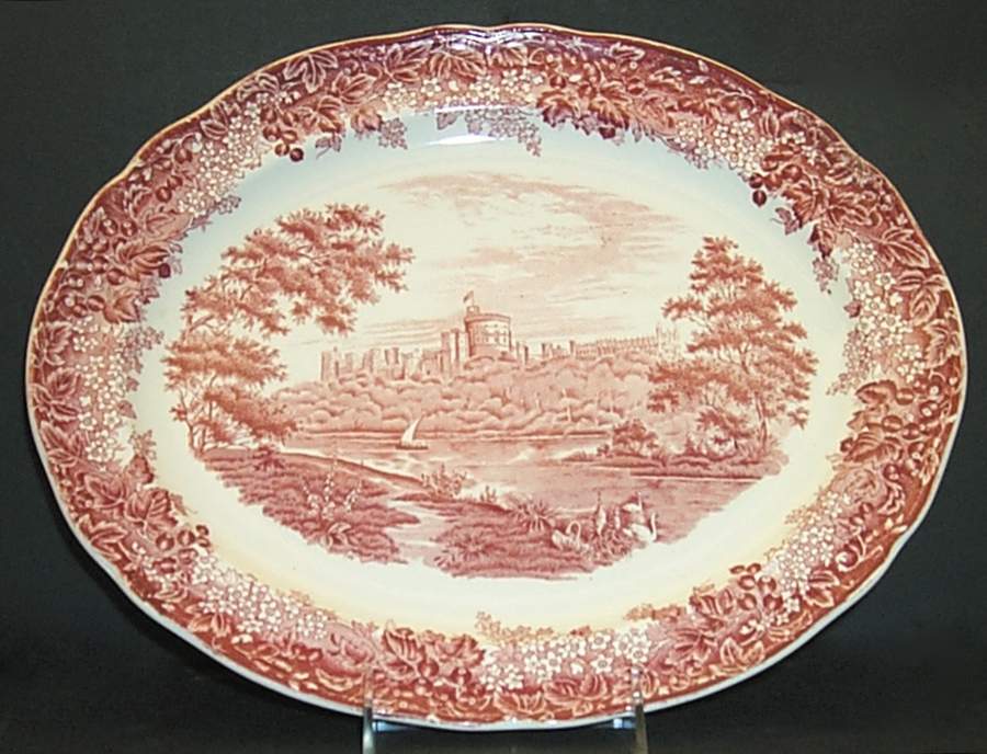 Merrie England Red and Pink 13" Oval Serving Platter by J & G Meakin-1