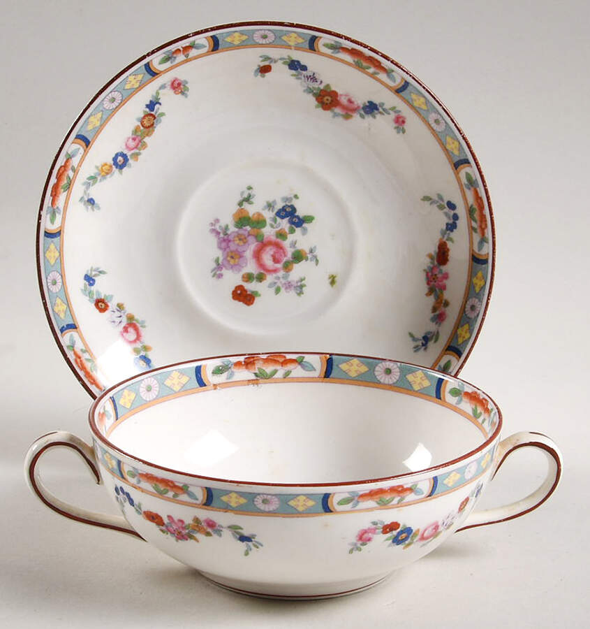 Richmond (White Background) Flat Cream Soup Bowl & Saucer Set by J & G Meakin-1