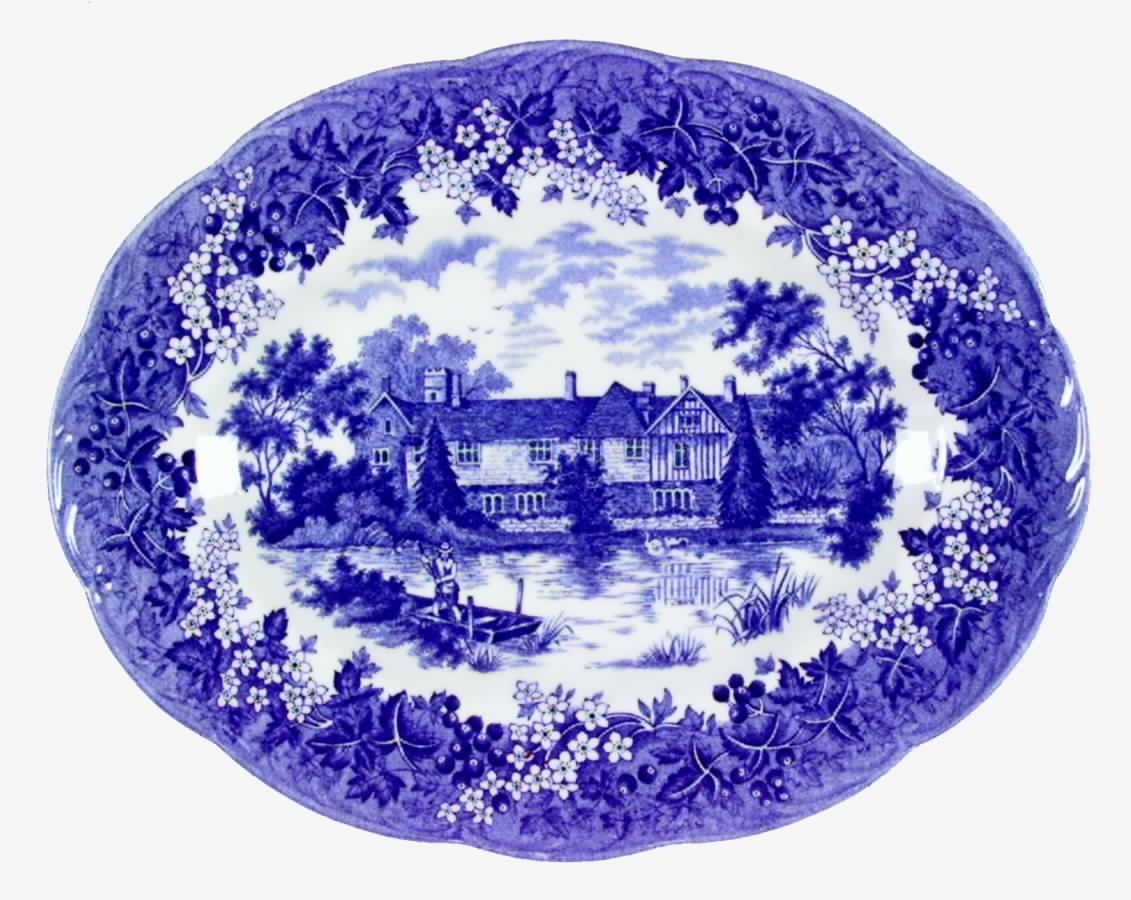 Romantic England Blue (Round Backstamp) 12" Oval Serving Platter by J & G Meakin-1