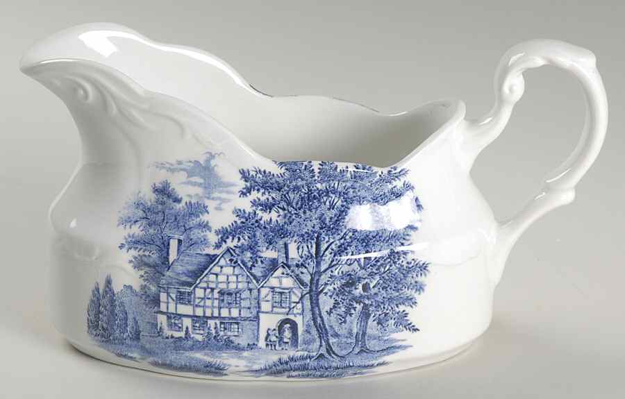 Romantic England Blue (Round Backstamp) Gravy Boat by J & G Meakin-1