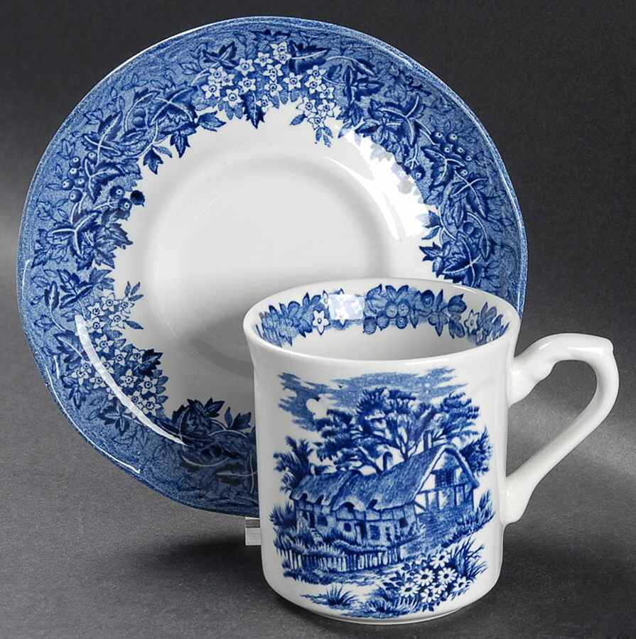 Romantic England Blue (Round Backstamp) Flat Cup & Saucer Set by J & G Meakin-1