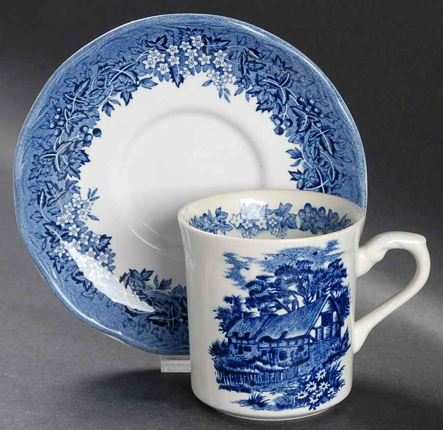 Romantic England Blue (Round Backstamp) Flat Cup & Saucer Set by J & G Meakin-1