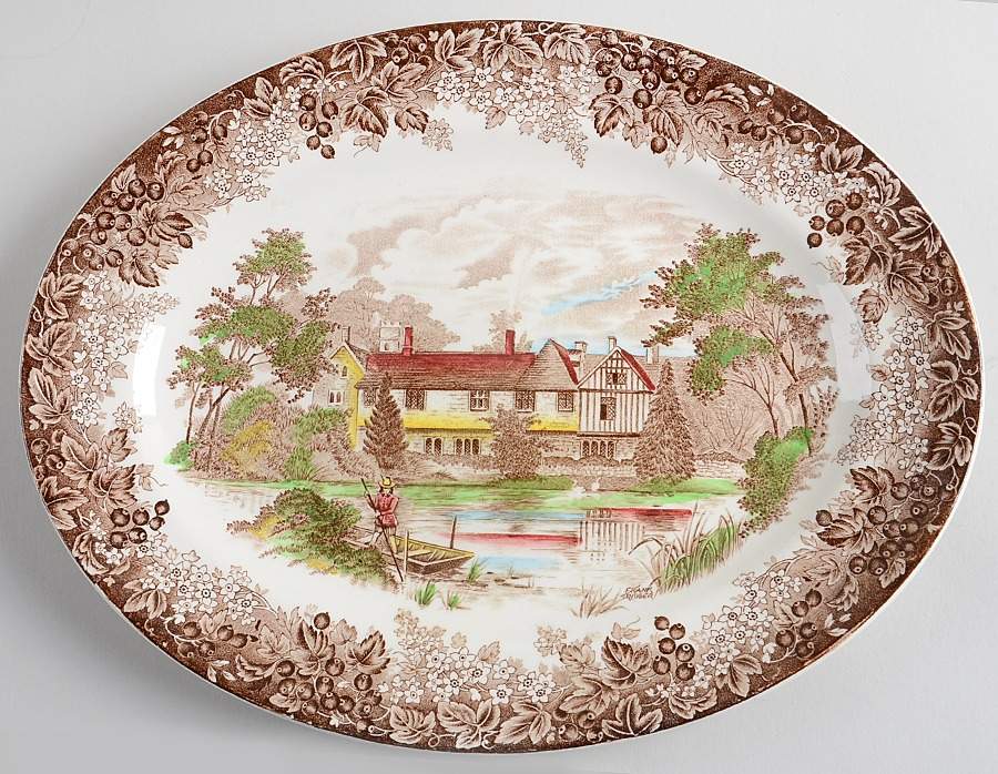 Romantic England Brown Multicolor 12" Oval Serving Platter by J & G Meakin-1