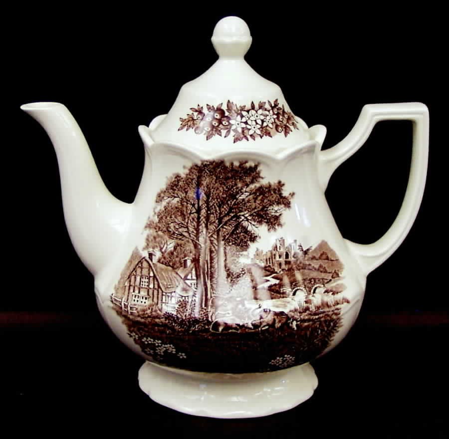 Romantic England Brown (Newer, White) Teapot & Lid by J & G Meakin-1