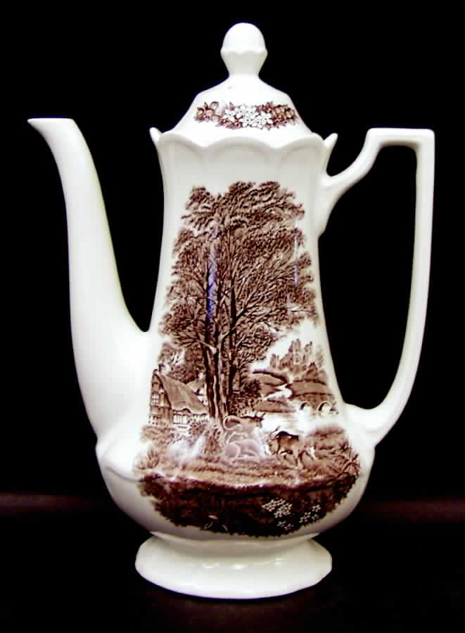 Romantic England Brown (Newer, White) Coffee Pot & Lid by J & G Meakin-1