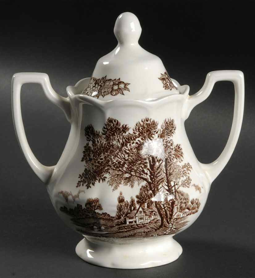 Romantic England Brown (Newer, White) Sugar Bowl & Lid by J & G Meakin-1