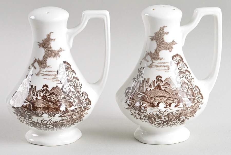 Romantic England Brown (Newer, White) Salt & Pepper Set by J & G Meakin-1