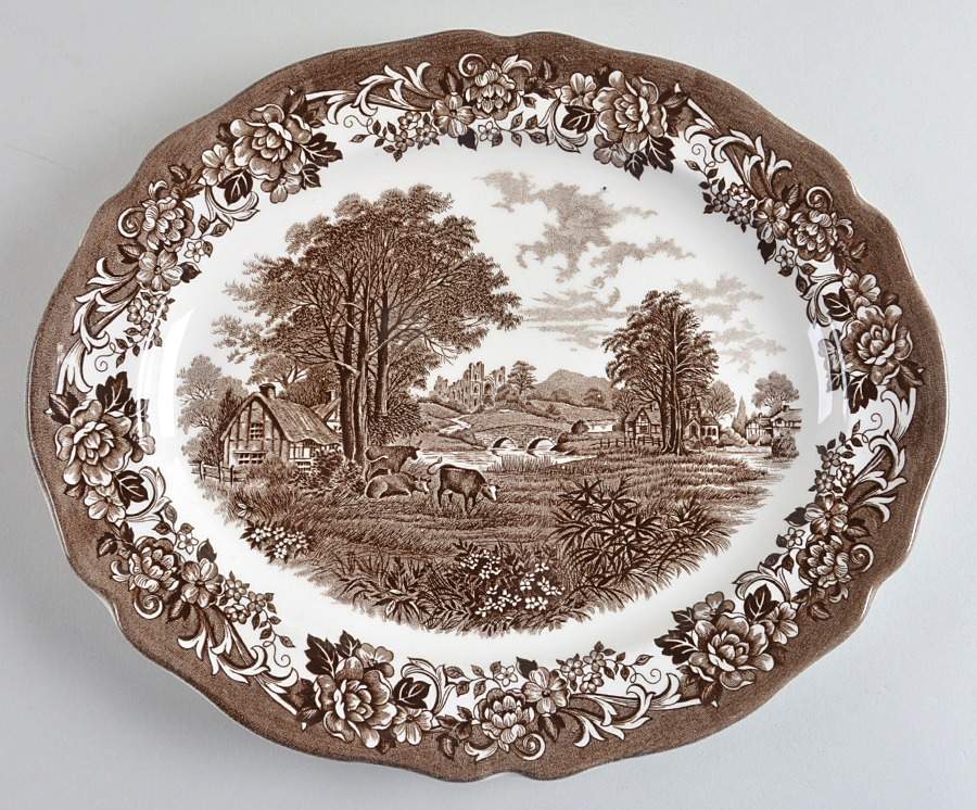 Romantic England Brown (Newer, White) 12" Oval Serving Platter by J & G Meakin-1