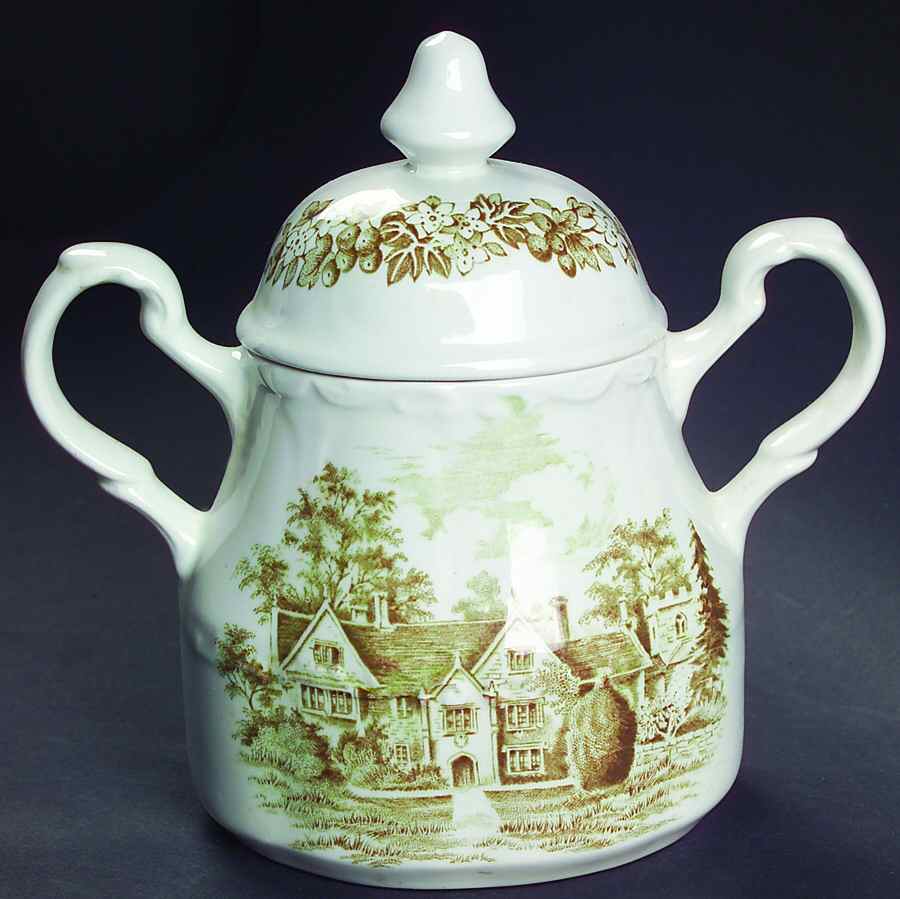 Romantic England Green Sugar Bowl & Lid by J & G Meakin-1