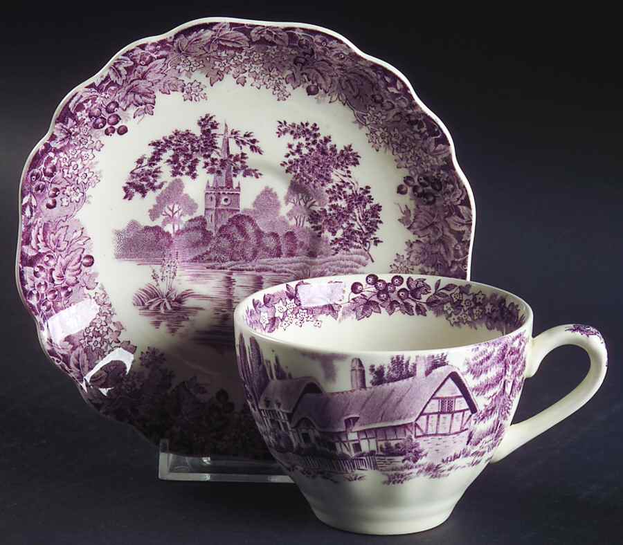 Romantic England Purple Flat Cup & Saucer Set by J & G Meakin-1