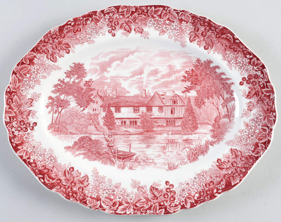 Romantic England Red (Shield-No Dishwash Marking) 12" Oval Serving Platter by J & G Meakin-1