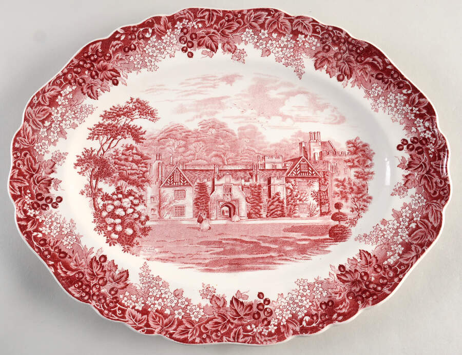 Romantic England Red (Shield-No Dishwash Marking) 16" Oval Serving Platter by J & G Meakin-1