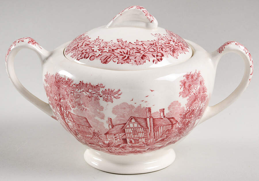 Romantic England Red (Shield-No Dishwash Marking) Sugar Bowl & Lid by J & G Meakin-1