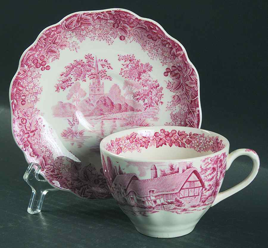 Romantic England Red (Shield-No Dishwash Marking) Flat Cup & Saucer Set by J & G Meakin-1