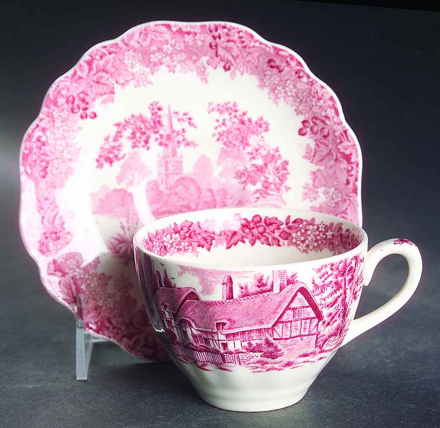 Romantic England Red (Round, Dishwasher Safe Mark) Flat Cup & Saucer Set by J & G Meakin-1