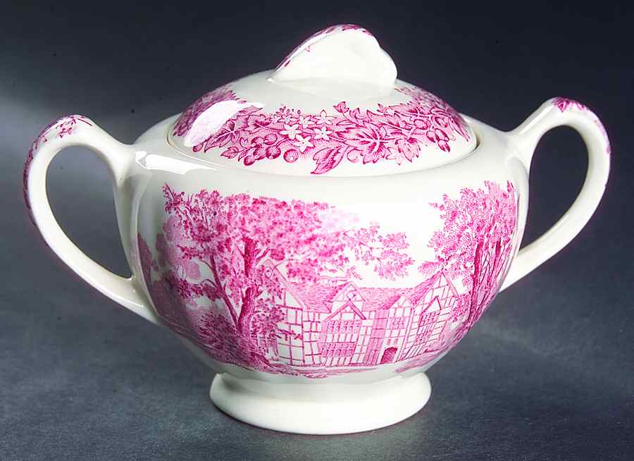Romantic England Red (Round, Dishwasher Safe Mark) Sugar Bowl & Lid by J & G Meakin-1