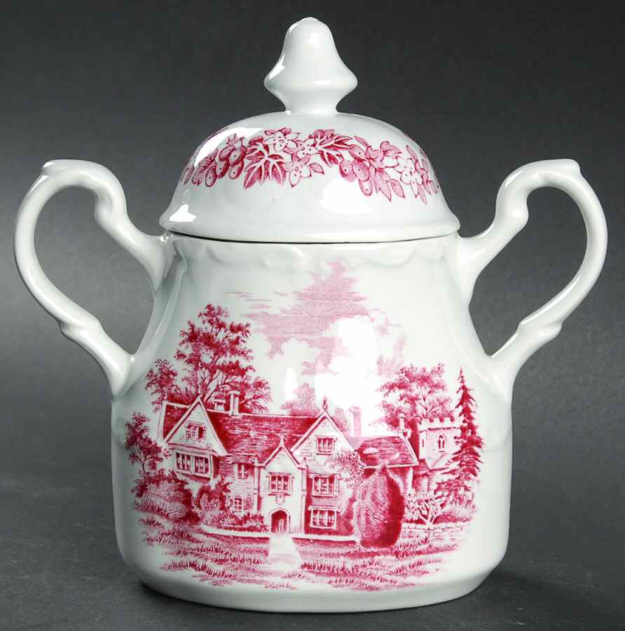Romantic England Red (Round, Dishwasher Safe Mark) Sugar Bowl & Lid by J & G Meakin-1