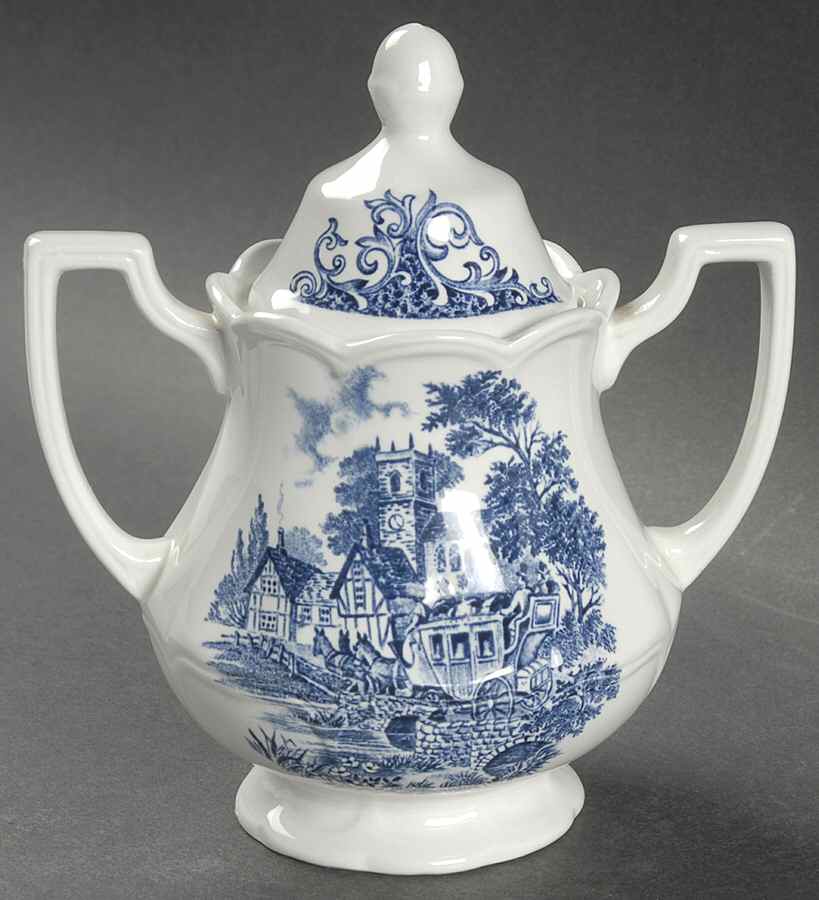 Stratford Stage Blue Sugar Bowl & Lid by J & G Meakin-1