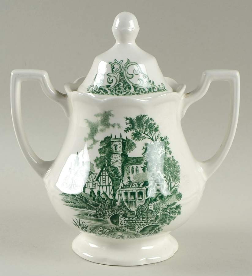 Stratford Stage Green Sugar Bowl & Lid by J & G Meakin-1