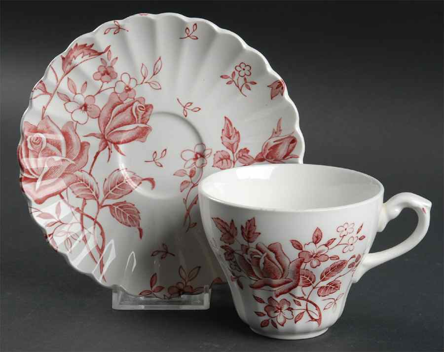 Tudor Roses Pink (Ribbed, White Background) Flat Cup & Saucer Set by J & G Meakin-1
