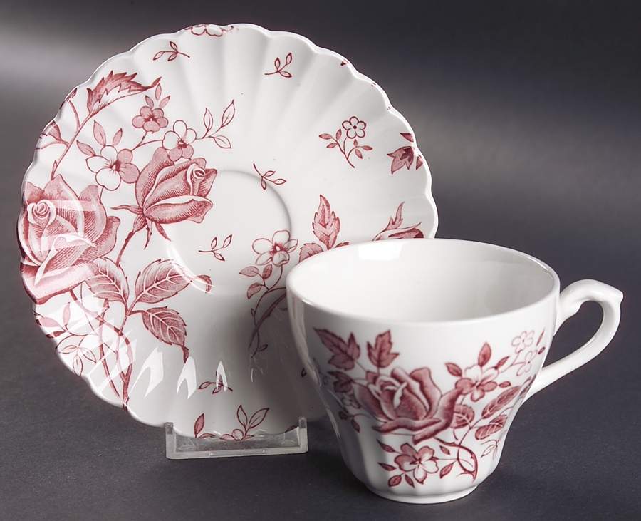 Tudor Roses Pink (Ribbed, White Background) Flat Cup & Saucer Set by J & G Meakin-1