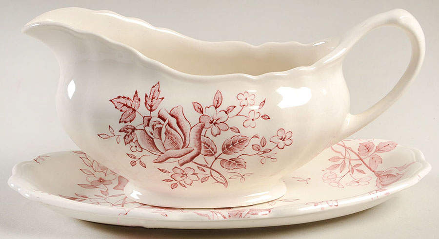 Tudor Roses Pink (Semi Scalloped, Cream Bckgrnd) Gravy Boat & Underplate/Relish by J & G Meakin-1