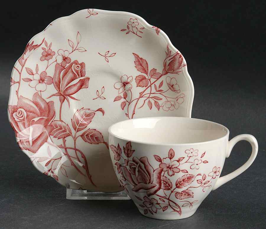Tudor Roses Pink (Semi Scalloped, Cream Bckgrnd) Flat Cup & Saucer Set by J & G Meakin-1