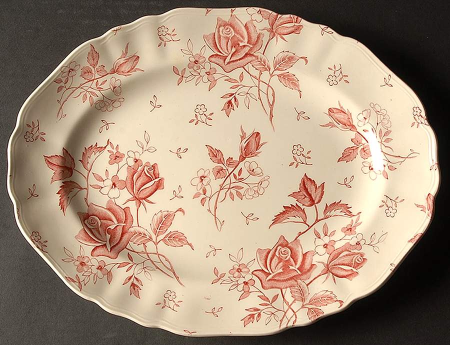 Tudor Roses Pink (Semi Scalloped, Cream Bckgrnd) 12" Oval Serving Platter by J & G Meakin-1