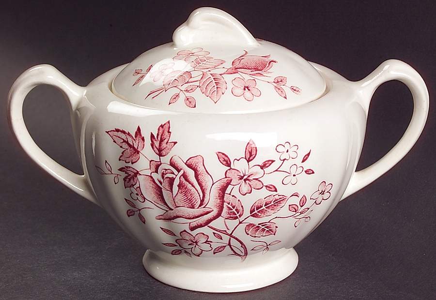 Tudor Roses Pink (Semi Scalloped, Cream Bckgrnd) Sugar Bowl & Lid by J & G Meakin-1