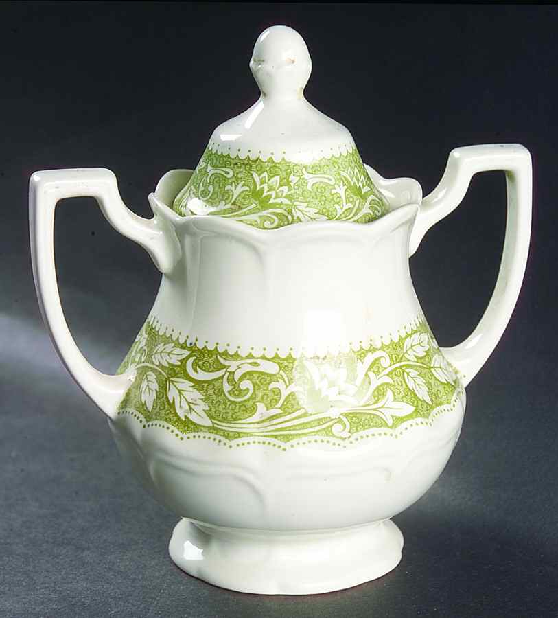 Victoria Green (Floral Rim, No Trim) Sugar Bowl & Lid by J & G Meakin-1