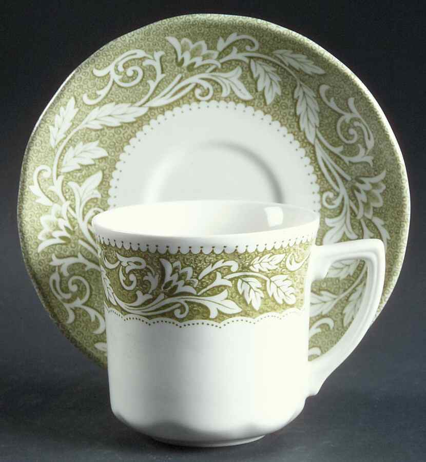 Victoria Green (Floral Rim, No Trim) Flat Cup & Saucer Set by J & G Meakin-1