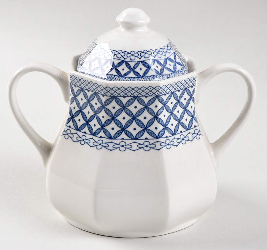 Wicker Blue Sugar Bowl & Lid by J & G Meakin-1