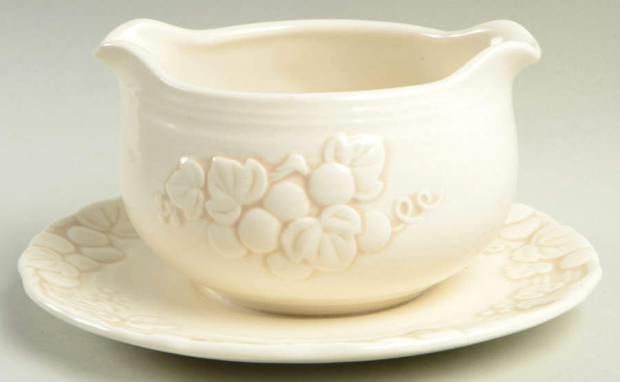 Antique Grape White Round Gravy Boat/Attached Underplate by Metlox - Poppytrail - Vernon-1